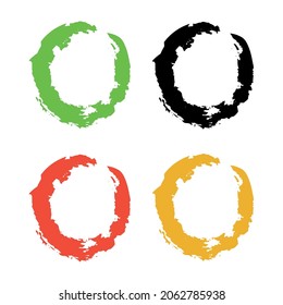 Set of circle with grunge texture. Paint strokes in green, black, red, gold colors. Design elements in vintage style. Vector illustration.