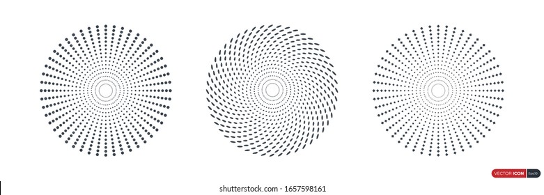 Set of Circle Halftone Dot Patterns Sunburst. Vintage Linear Rays of Sun. Flat Vector Design Elements.