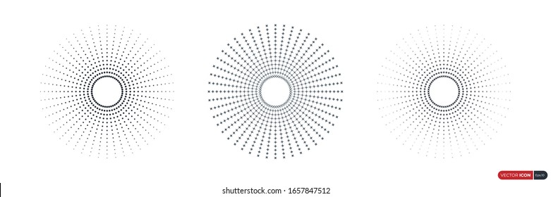 Set of Circle Halftone Dot Patterns and Star Sparkles Sunburst. Vintage Linear Rays of Sun. Flat Vector Design Elements.