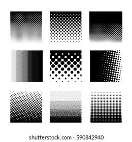 Set of circle halftone element, monochrome abstract graphic for DTP, prepress or generic concepts. Vector illustration. Isolated on white background