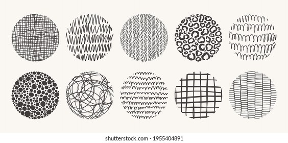 Set of circle hand drawn patterns. Vector textures made with ink, pencil, brush. Geometric doodle shapes of spots, dots, circles, strokes, stripes, lines. Template for social media, posters, prints.