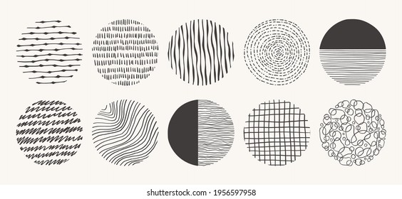 Set of circle hand drawn patterns. Vector textures made with ink, pencil, brush. Geometric doodle shapes of spots, dots, circles, strokes, stripes, lines. Template for social media, posters, prints.