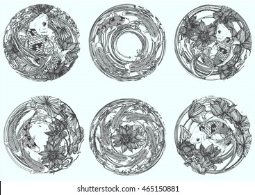Set circle hand drawn vector illustration of Koi fish.with leaves and lotus flowers. Symbol of love, friendship and prosperity. for background and text.