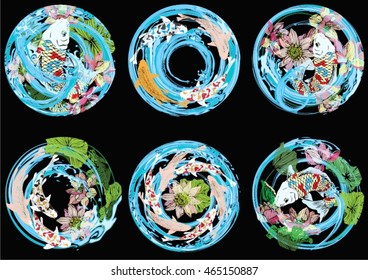 Set circle hand drawn vector illustration of Koi fish.with leaves and lotus flowers. Symbol of love, friendship and prosperity. for background and text.