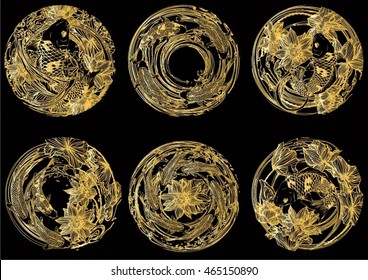 Set circle hand drawn vector illustration of Koi fish.with leaves and lotus flowers. Symbol of love, friendship and prosperity. for background and text.