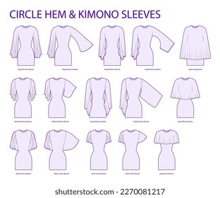 Set of circle hem and kimono sleeves short, elbow, 3-4 and long length clothes technical fashion illustration with fitted body. Flat apparel template front side. Women, men unisex CAD mockup