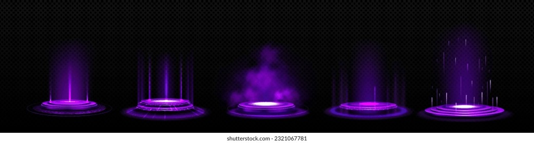 Set of circle hologram portals with purple light effect. Vector realistic illustration of futuristic game technology, round podiums with smoke, laser beams, neon sparkles. Teleport to scifi universe