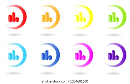 Set of circle icons with 3D diagram or chart in rainbow colors. Vector graphic illustration.