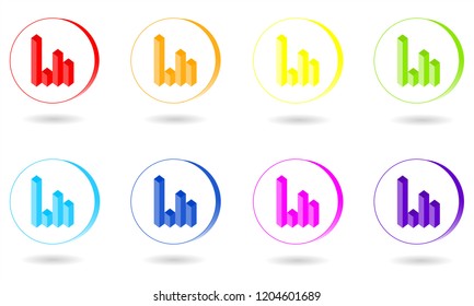 Set of circle icons with 3D diagram or chart in rainbow colors. Vector graphic illustration.