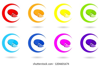 Set of circle icons with 3D pie chart in rainbow colors. Vector graphic illustration.