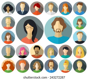 Set of circle icons in flat style with long shadow. Various faces of men and women isolated on white background.