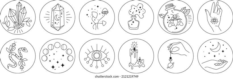 Set of circle icons for highlights, templates for blog and social media. Hand, snake, moon, cosmic and floral elements.