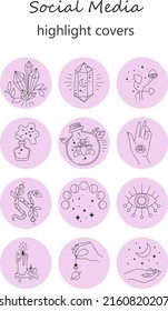 Set of circle icons for highlights, templates for blog and social media. Hand, snake, moon, cosmic and floral elements.