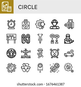 Set of circle icons. Such as Maths, Time management, Reuse, Gear, Explorer, Check in, Road sign, Wood, Tee, Teamwork, Shooter, Vitruvian man, Technology, Boat engine , circle icons