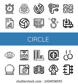Set of circle icons such as Time management, Analytics, Gear, Volleyball, Radar, Resize, Hair dryer, Diamond ring, Gummy bear, Loading, Eye, Crystal ball, Mix, Video , circle