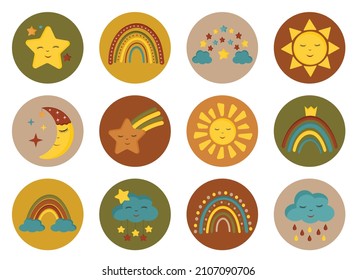 Set von Kreis-Symbole für Website, Geschichten Highlights mit boho Baby Regenbögen, Sonne, Sterne, Wolken. Abstrakter, moderner Blogger für soziale Medien, Geschichten bedecken. Rundaufkleber, Stift, Badge Design für Kinder.