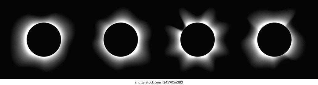 Set of circle illuminate frames with gradient. Four white round neon banners isolated on black background. Vector illustration
