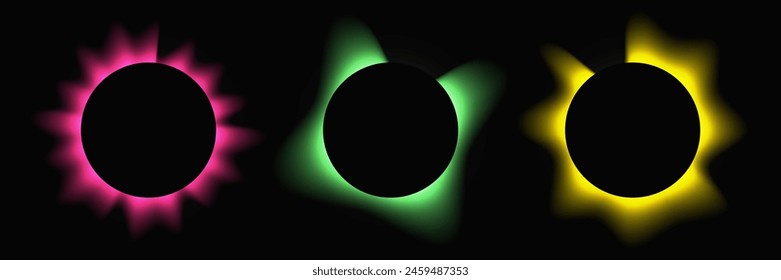 Set of circle illuminate frames with gradient. Three multi-colored round neon banners isolated on black background. Vector illustration
