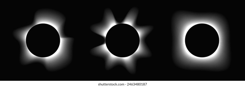 Set of circle illuminate frames with gradient. Three white round neon banners isolated on black background. Vector illustration