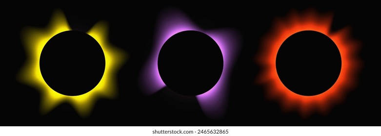 Set of circle illuminate frames with gradient. Three multi-colored round neon banners isolated on black background. Vector illustration