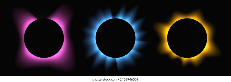 Set of circle illuminate frames with gradient. Three multi-colored round neon banners isolated on black background. Vector illustration