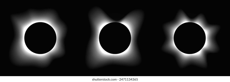 Set of circle illuminate frames with gradient. Three white round neon banners isolated on black background. Vector illustration