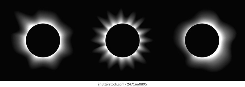 Set of circle illuminate frames with gradient. Three white round neon banners isolated on black background. Vector illustration