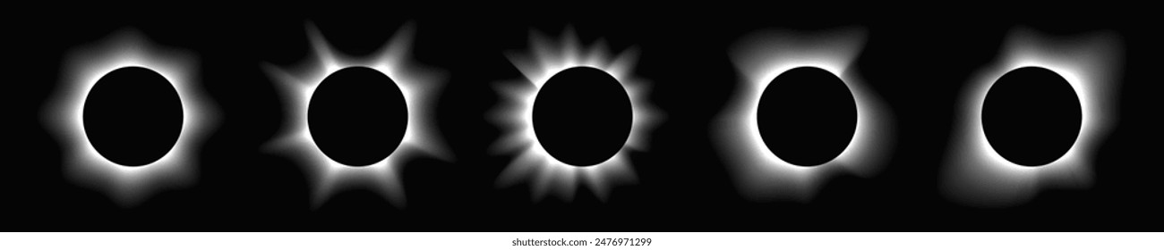 Set of circle illuminate frames with gradient. Five white round neon banners isolated on black background. Vector illustration