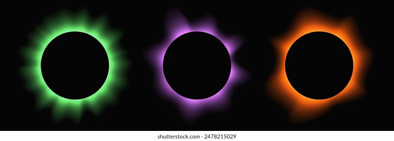 Set of circle illuminate frames with gradient. Three multi-colored round neon banners isolated on black background. Vector illustration