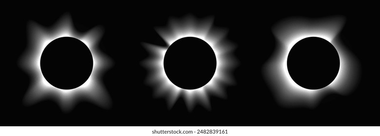 Set of circle illuminate frames with gradient. Three white round neon banners isolated on black background. Vector illustration