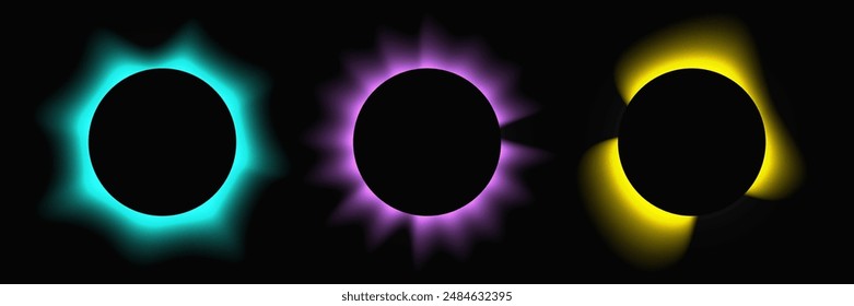 Set of circle illuminate frames with gradient. Three multi-colored round neon banners isolated on black background. Vector illustration