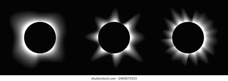 Set of circle illuminate frames with gradient. Three white round neon banners isolated on black background. Vector illustration