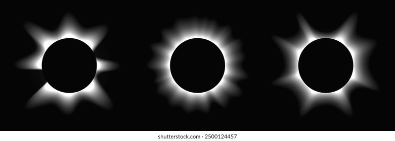 Set of circle illuminate frames with gradient. Three white round neon banners isolated on black background. Vector illustration