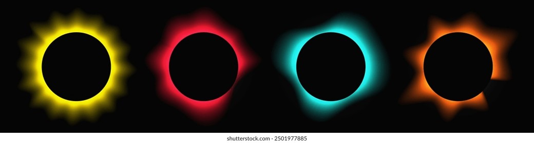 Set of circle illuminate frames with gradient. Four multi-colored round neon banners isolated on black background. Vector illustration