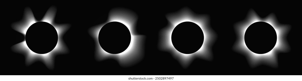 Set of circle illuminate frames with gradient. Four white round neon banners isolated on black background. Vector illustration