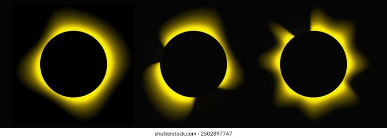 Set of circle illuminate frames with gradient. Three yellow round neon banners isolated on black background. Vector illustration