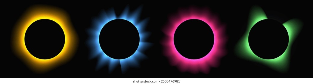 Set of circle illuminate frames with gradient. Four multi-colored round neon banners isolated on black background. Vector illustration