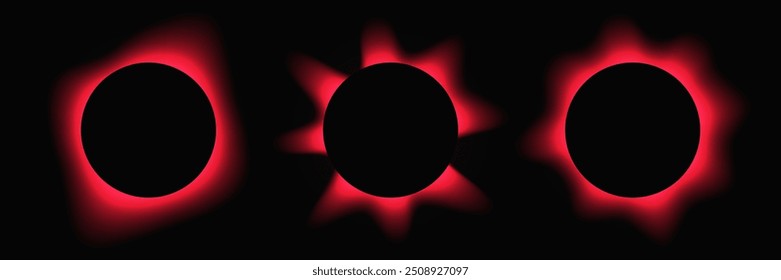 Set of circle illuminate frames with gradient. Three red round neon banners isolated on black background. Vector illustration