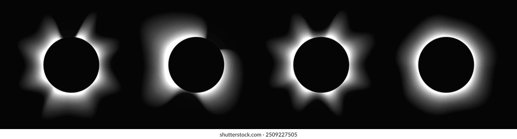 Set of circle illuminate frames with gradient. Four white round neon banners isolated on black background. Vector illustration