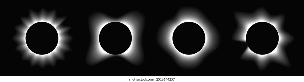 Set of circle illuminate frames with gradient. Four white round neon banners isolated on black background. Vector illustration