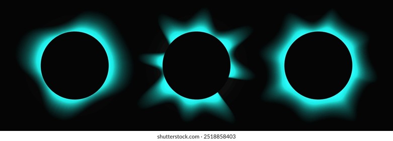 Set of circle illuminate frames with gradient. Three blue round neon banners isolated on black background. Vector illustration