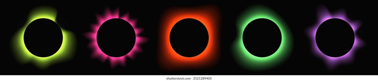 Set of circle illuminate frames with gradient. Five multi-colored round neon banners isolated on black background. Vector illustration