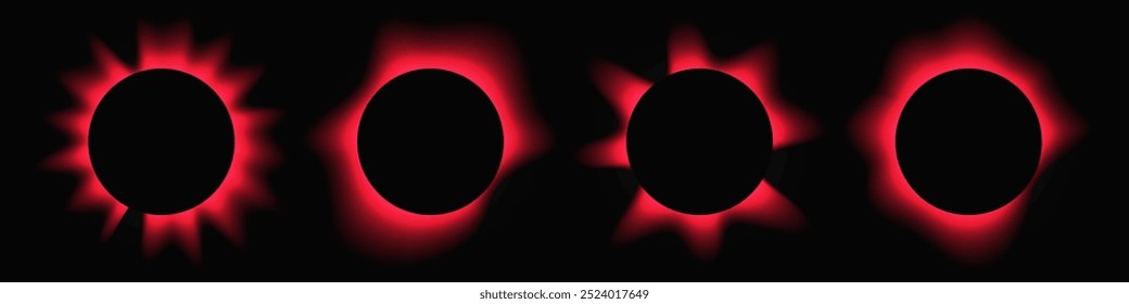 Set of circle illuminate frames with gradient. Four red round neon banners isolated on black background. Vector illustration