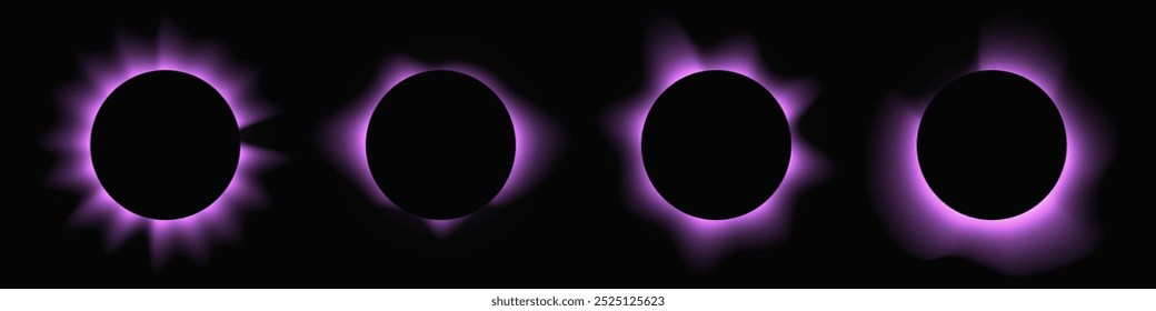 Set of circle illuminate frames with gradient. Four purple round neon banners isolated on black background. Vector illustration