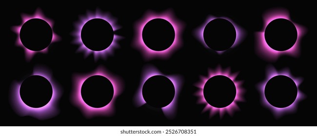 Conjunto de círculos que iluminam os quadros com gradiente. Dez faixas de neon redondas roxas isoladas no fundo preto. Ilustração vetorial