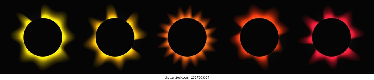 Set of circle illuminate frames with gradient. Five multicolor round neon banners isolated on black background. Vector illustration