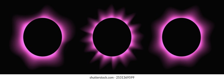 Set of circle illuminate frames with gradient. Three purple round neon banners isolated on black background. Vector illustration