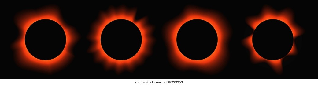 Set of circle illuminate frames with gradient. Four orange round neon banners isolated on black background. Vector illustration
