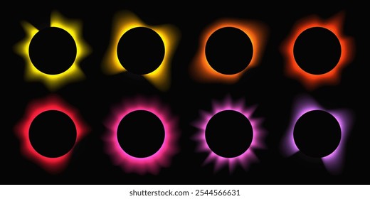 Set of circle illuminate frames with gradient. Eight multicolor round neon banners isolated on black background. Vector illustration