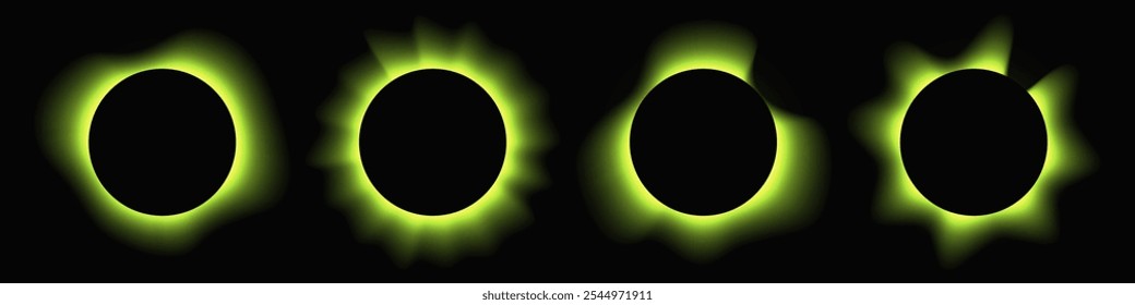 Set of circle illuminate frames with gradient. Four green round neon banners isolated on black background. Vector illustration